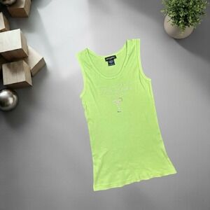 Get‎ Lucky USA Lime Green Rhinestone Martini Graphic Tank Top Y2K Large 6044